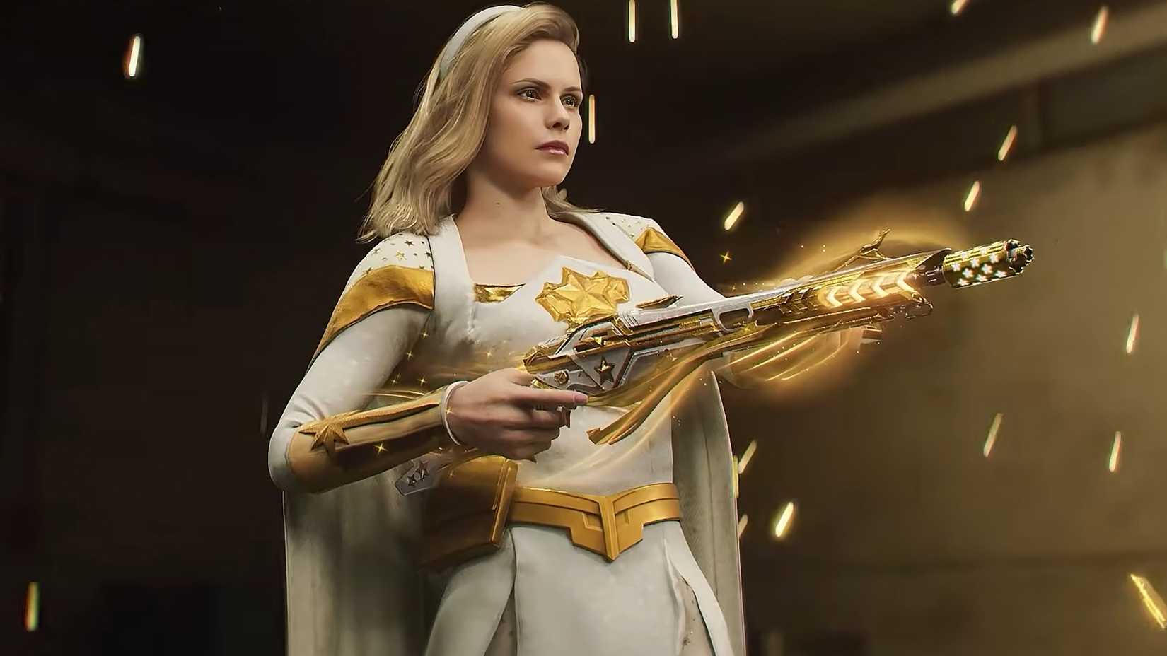 Erin Moriarty's Starlight aiming her themed weapon with sparks flying around her in Call of Duty Mobile x The Boys