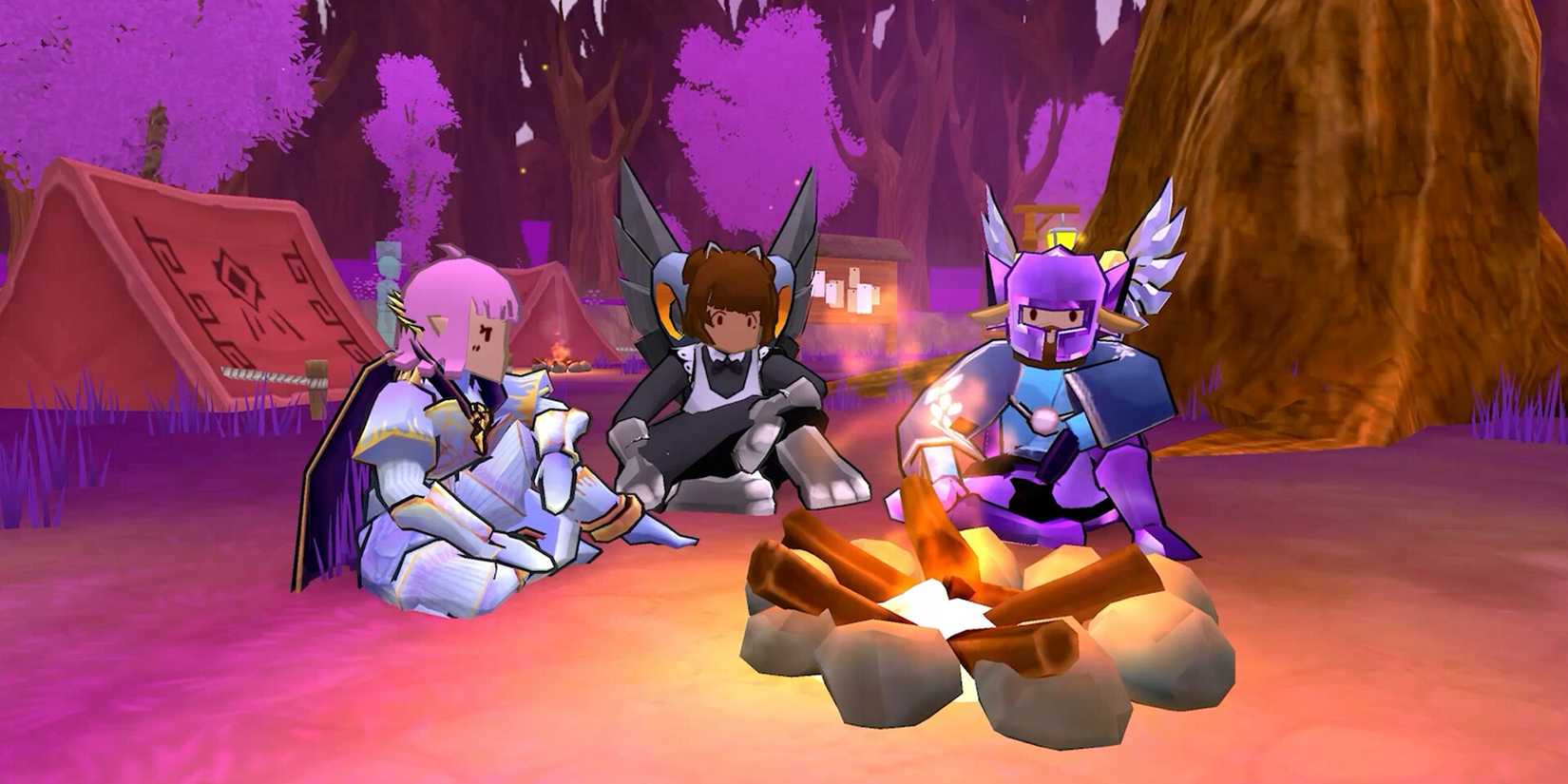 A party of three heroes sits around a campfire in Eterspire.