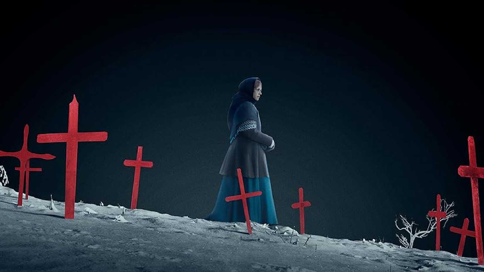 Eva Walking Through a Cemetery with Blood-Red Crosses in The Damned Poster