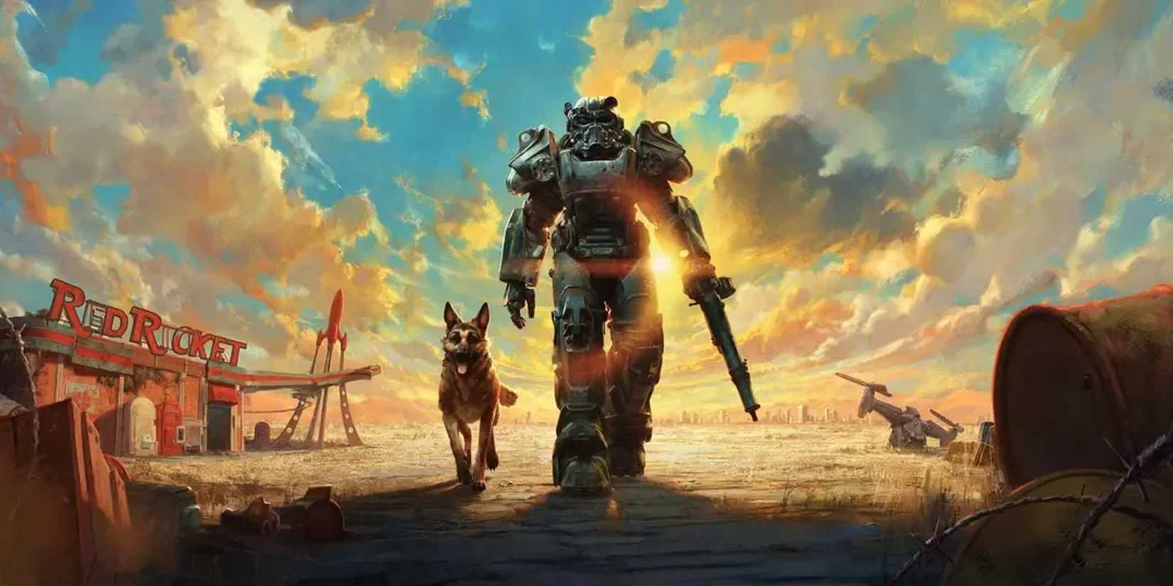 Fallout 5 character walking with dog in wasteland