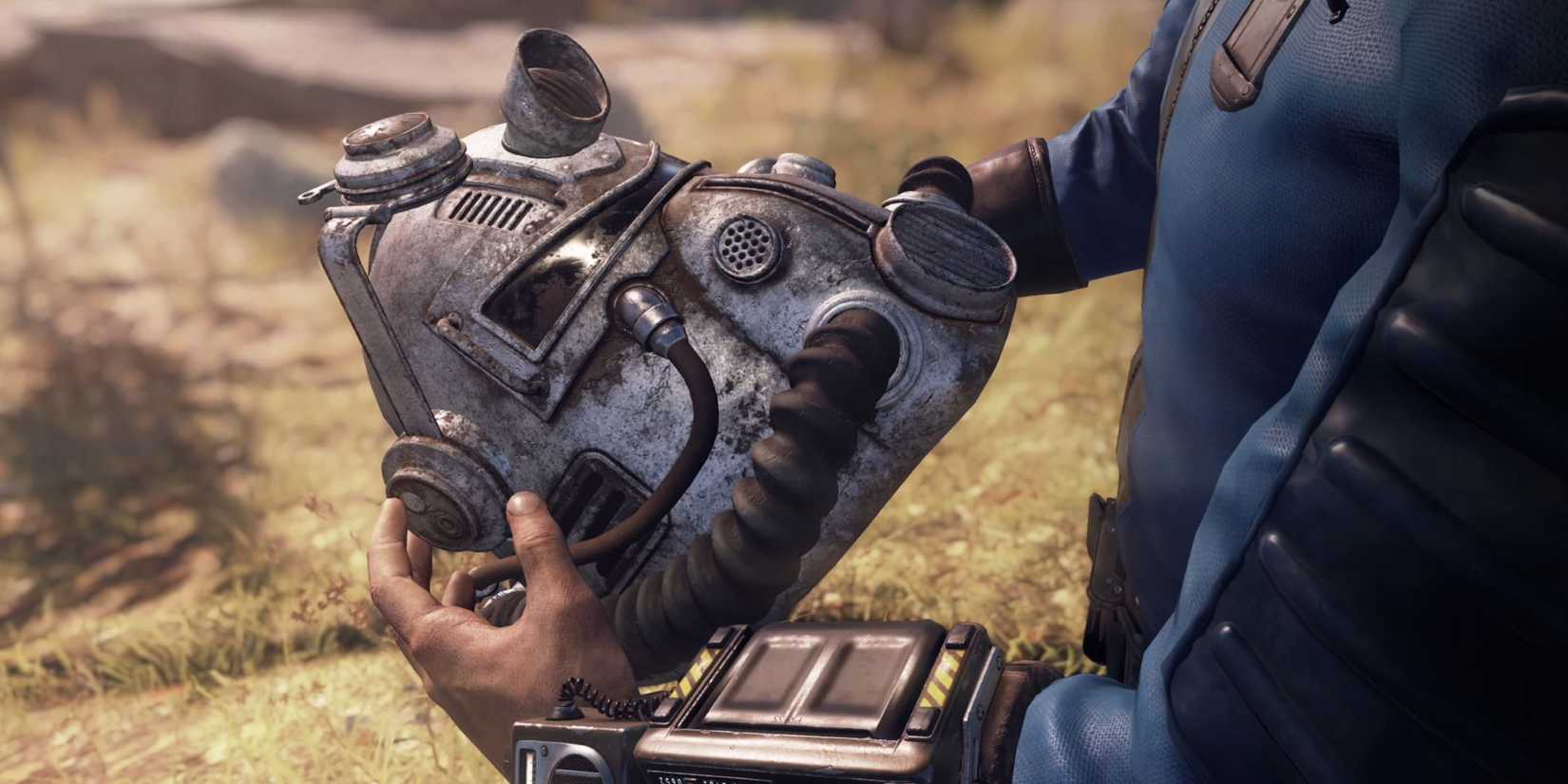 Fallout 76 character holding helmet from official trailer