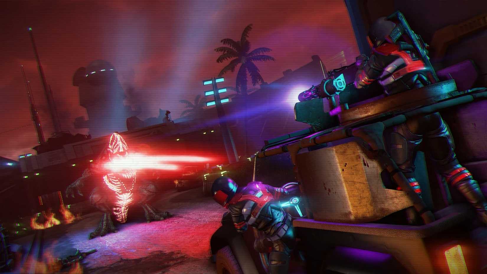 A group of soldiers in a vehicle shooting a monster in the distance in Far Cry 3 Blood Dragon.