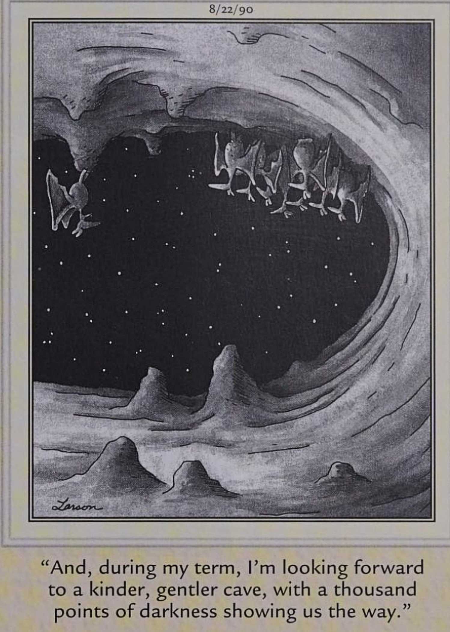Far Side, August 22, 1990, a bat campaigns for leader