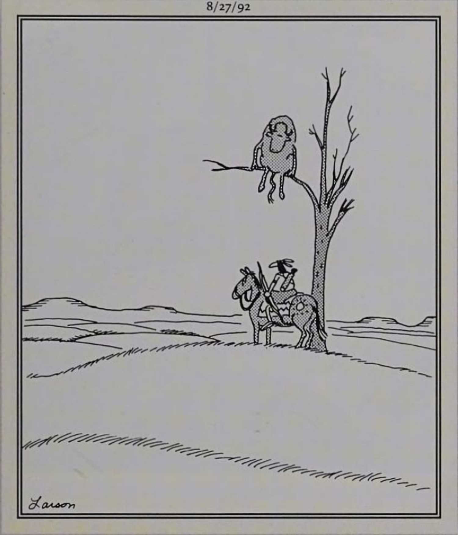 Far Side, August 27, 1992, a buffalo looming over a hunter