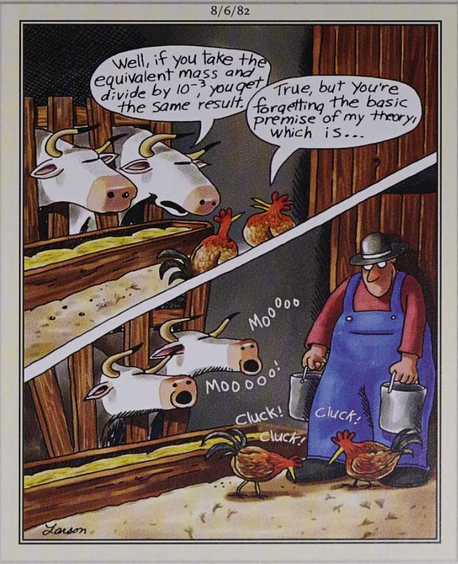 Far Side, August 6, 1982, cows and chickens stop talking when the farmer approaches