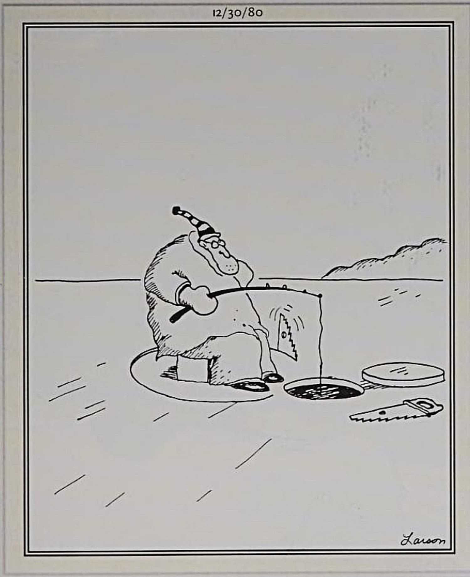 Far Side December 30, 1980, an ice fisher about to get a surprise