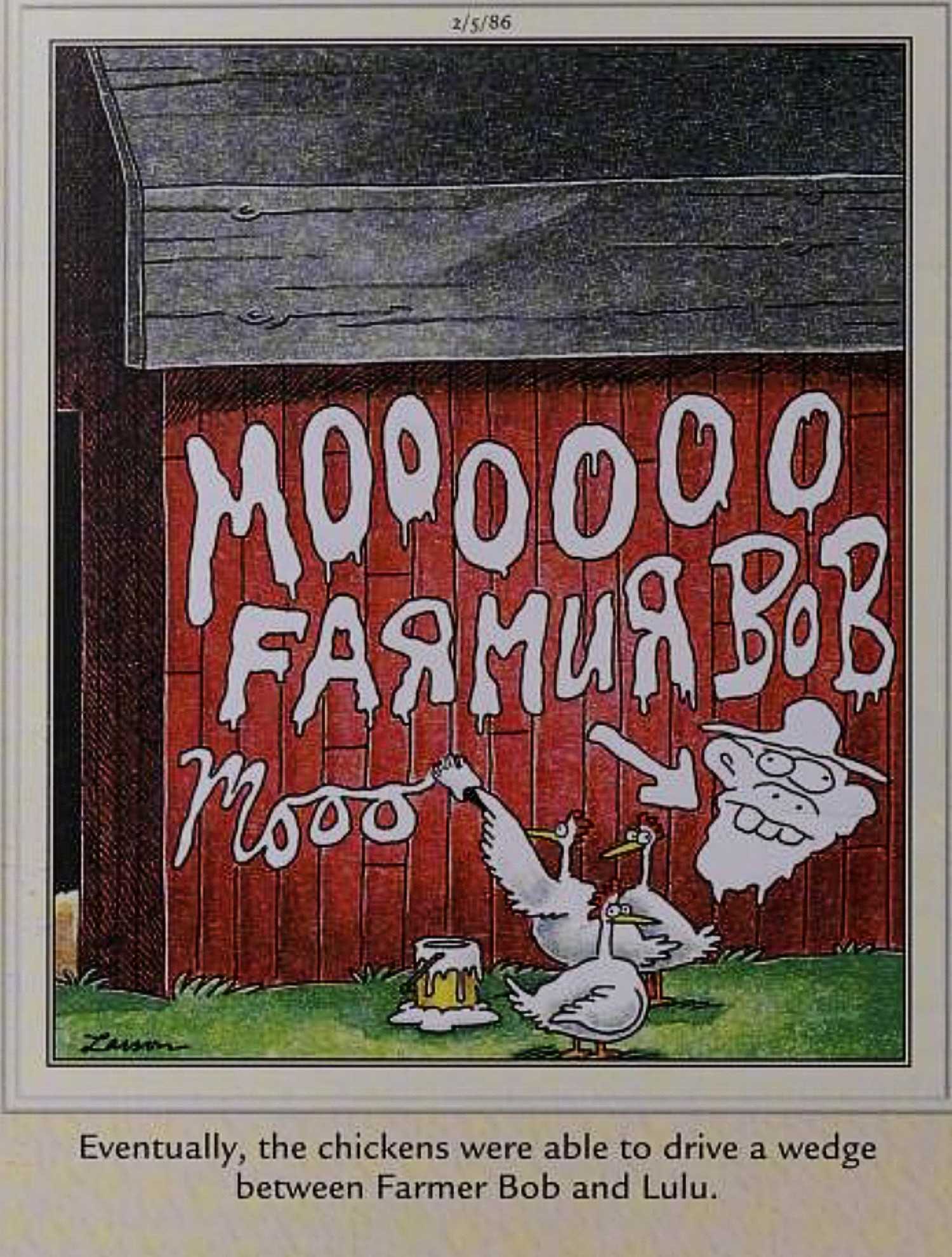 Far Side, February 5, 1986, chickens frame a cow for threatening the farmer