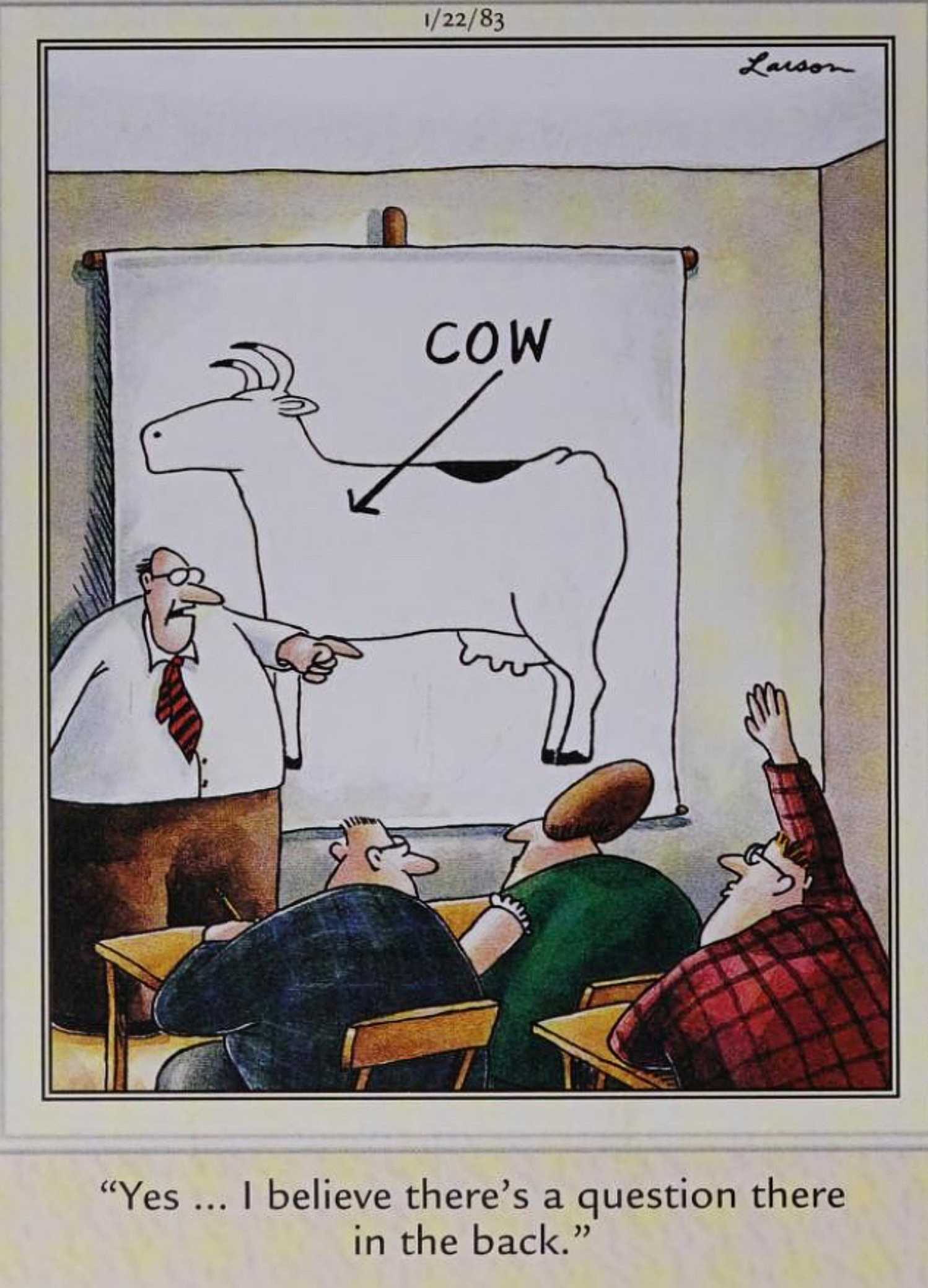 Far Side, January 22, 1983, a teacher's lesson on cows