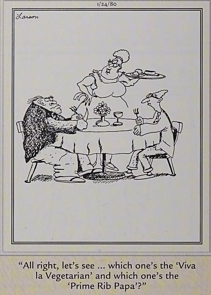 Far Side January 24, 1980, a prehistoric man and a modern scientists share a meal