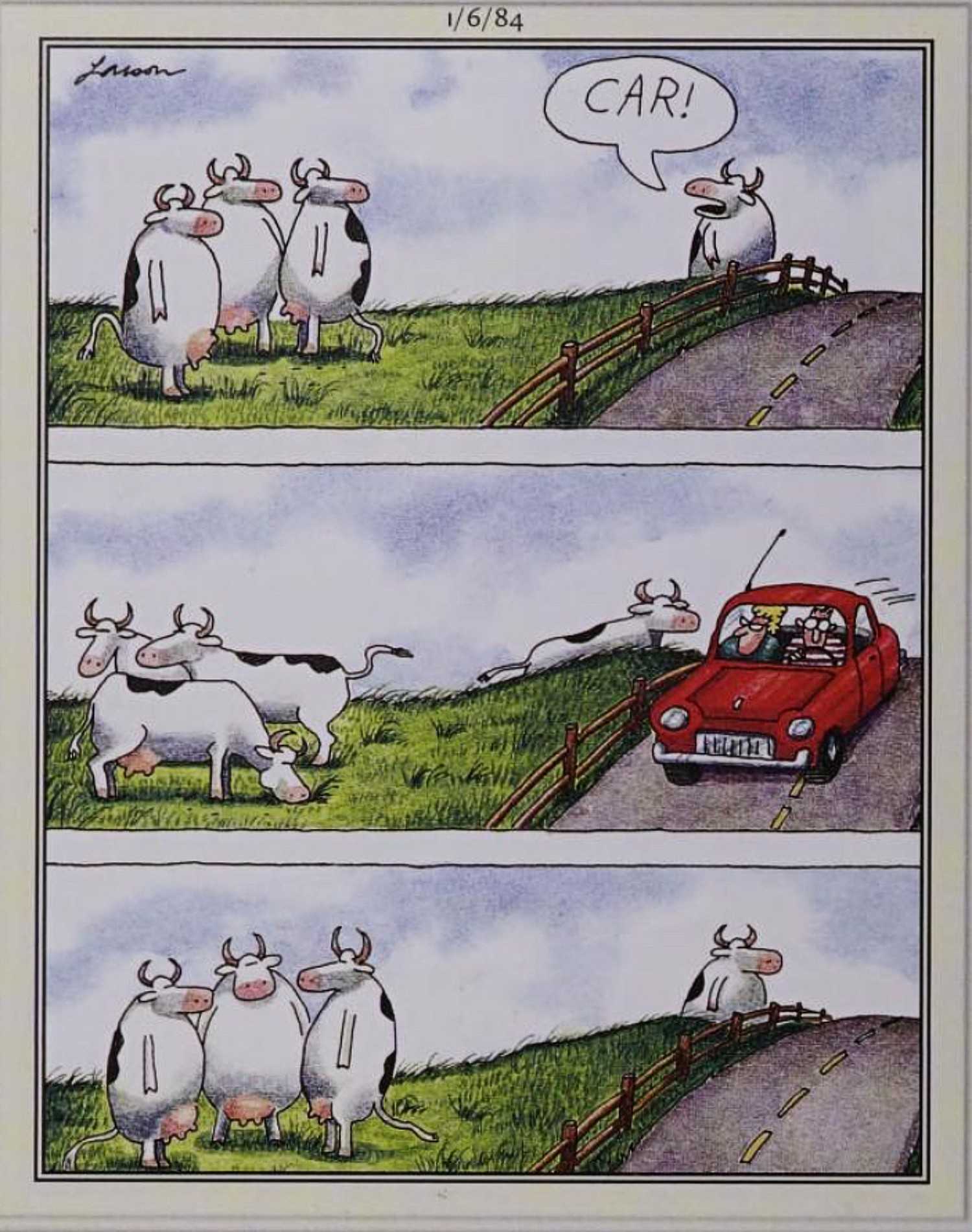 Far Side, January 6, 1984, talking cows scatter when a car drives by