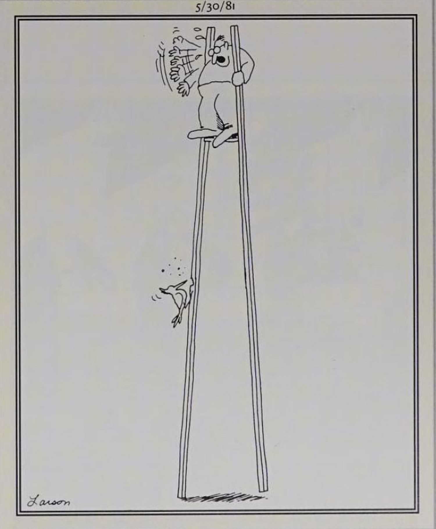 Far Side May 30, 1981, a woodpecker attacks a man's wooden stilts