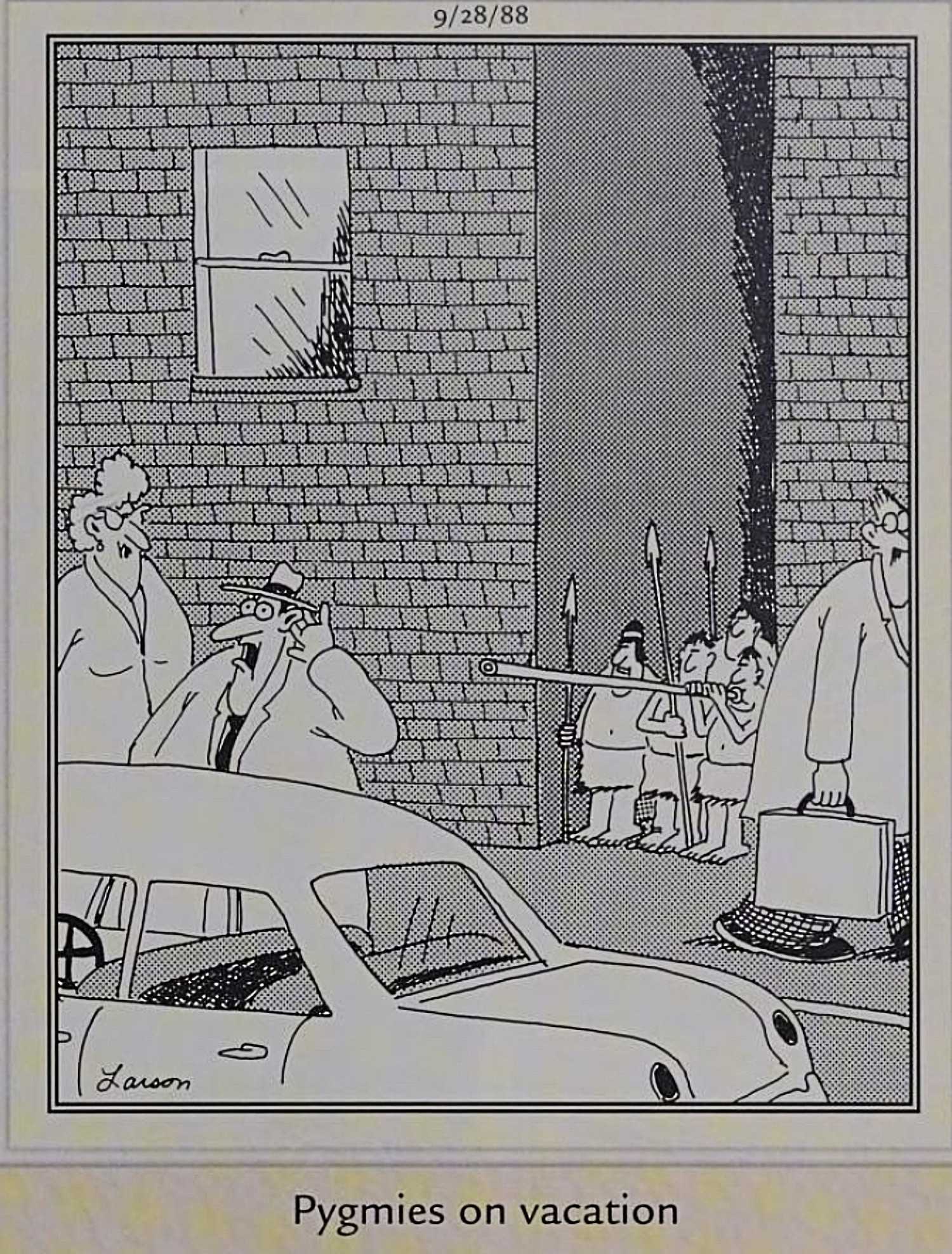 Far Side, 28 בספטמבר 1988, 'פיגמים בחופשה' בעיר משתמשים באקדח המכה שלהם