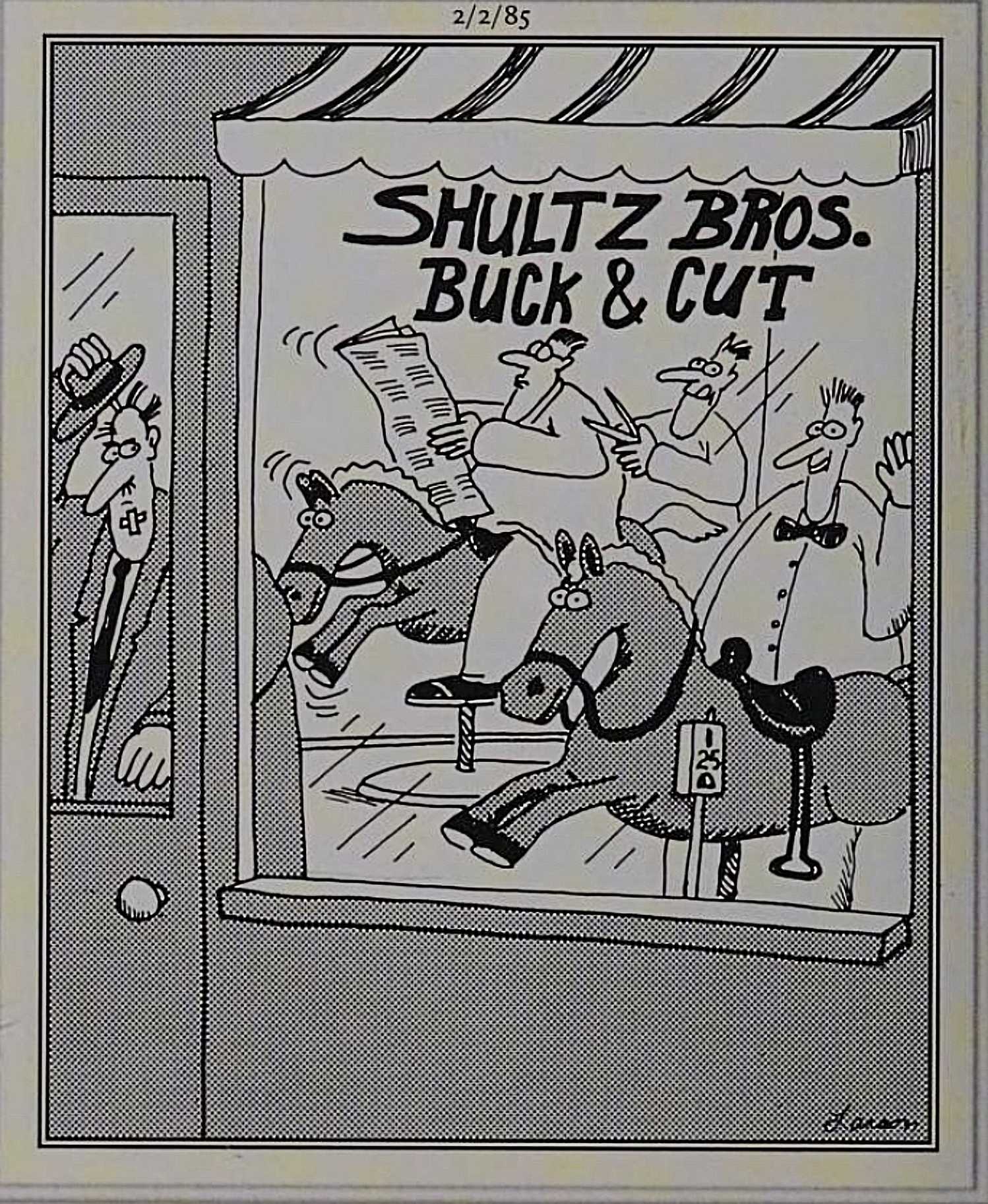 Far Sude, February 2, 1985, a barber shop with carousel horses for chairs