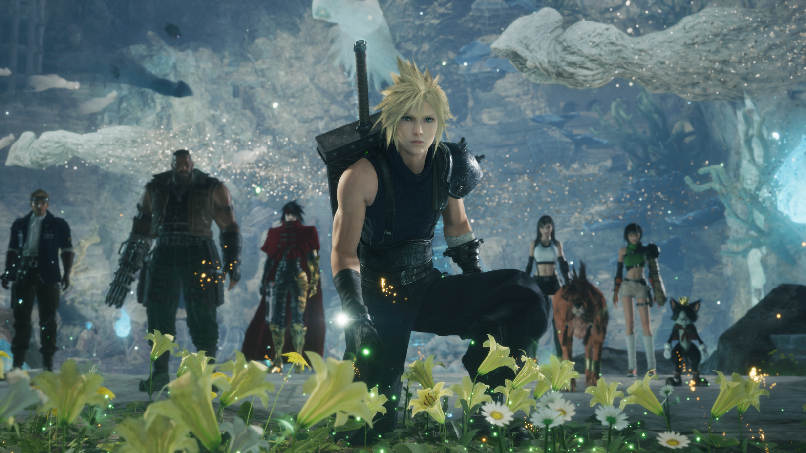 Final Fantasy 7 Revelations Cloud and his party standing in a field