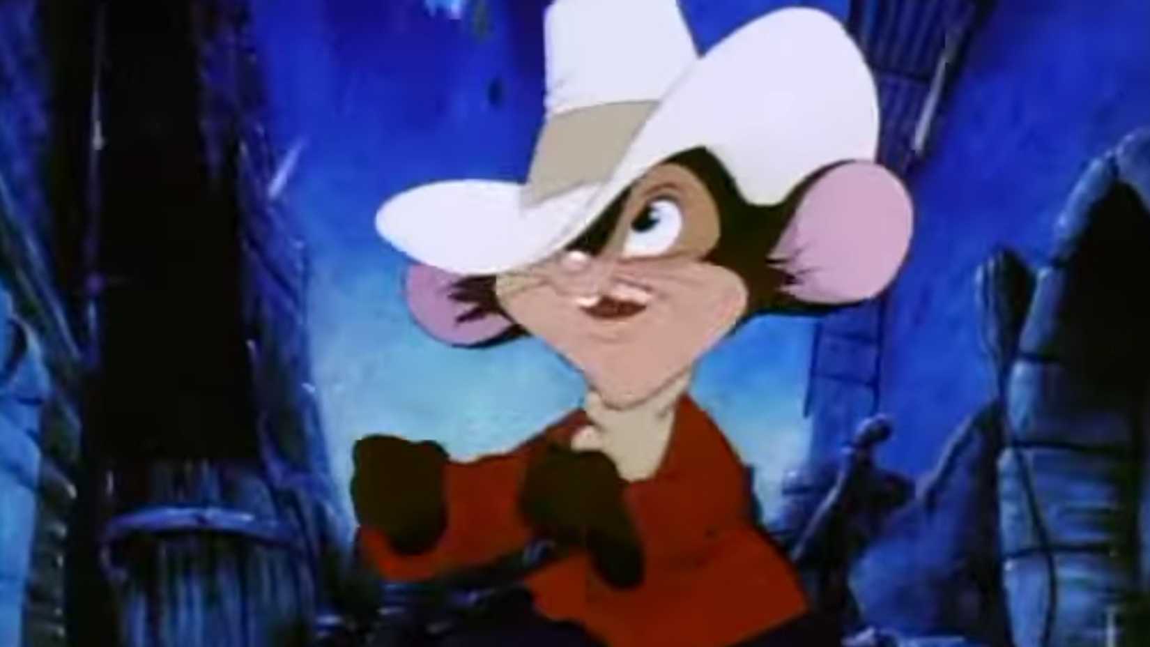Fievel shouting at a cat off-screen in American Tail Fievel Goes West 