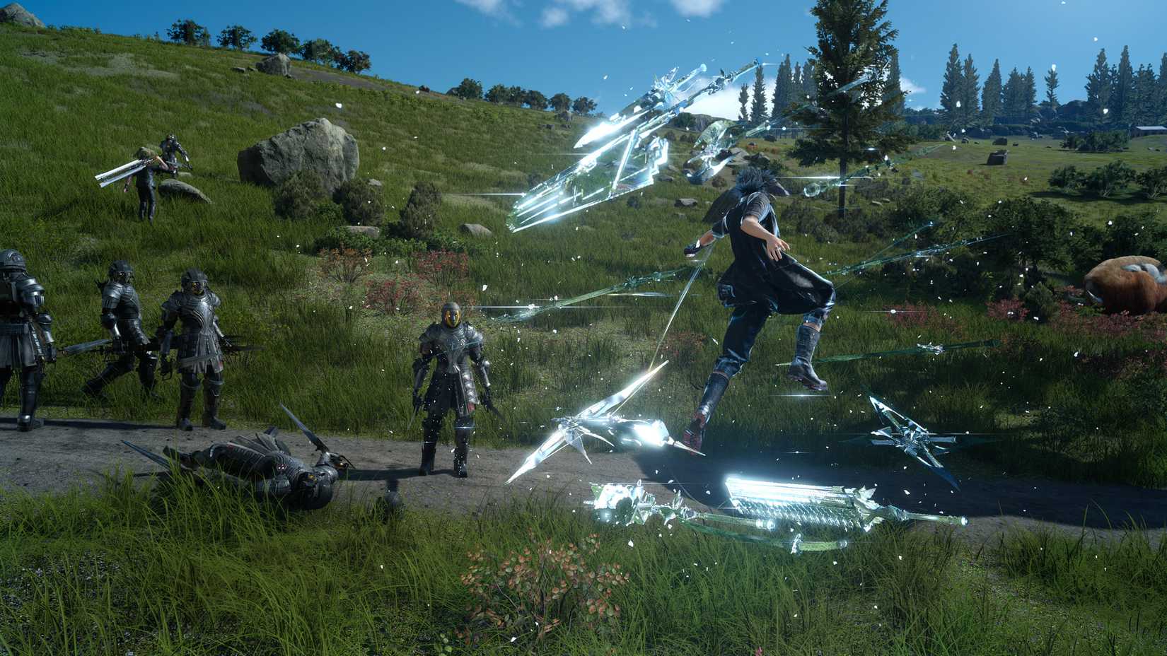 Noctis fighting a group of enemies in a field in Final Fantasy 15.