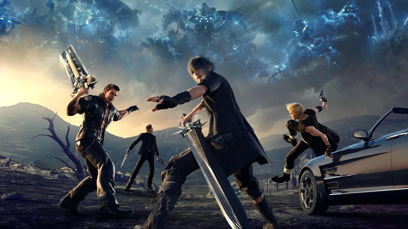 Final Fantasy 15 protagonists standing with their car in a field