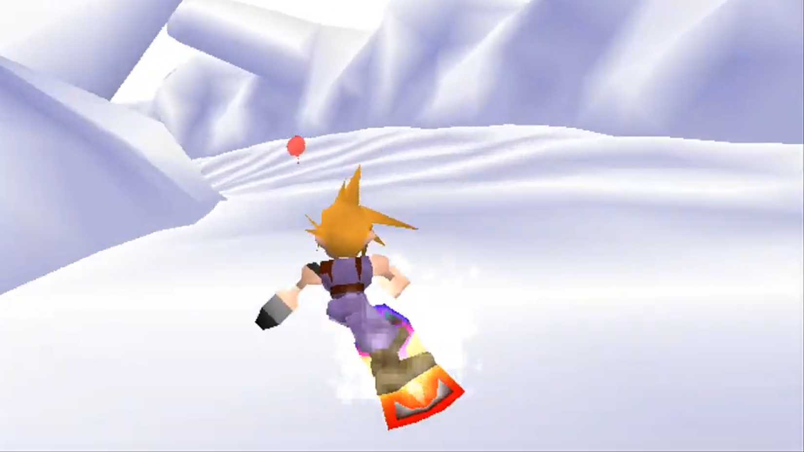 Cloud snowboarding down a mountain in Final Fantasy 7.
