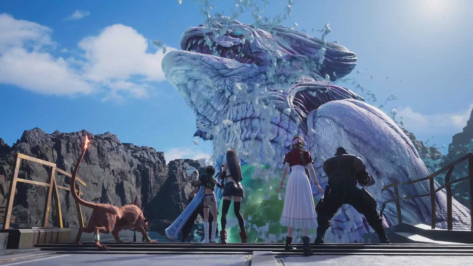 Cloud and the party looking at the Emerald Weapon jump out of some water in Final Fantasy 7 Rebirth.