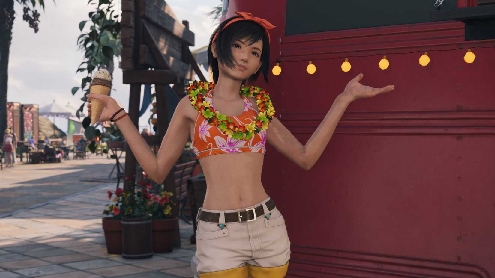 Yuffie in a swimsuit holding an ice cream in Final Fantasy 7 Rebirth.