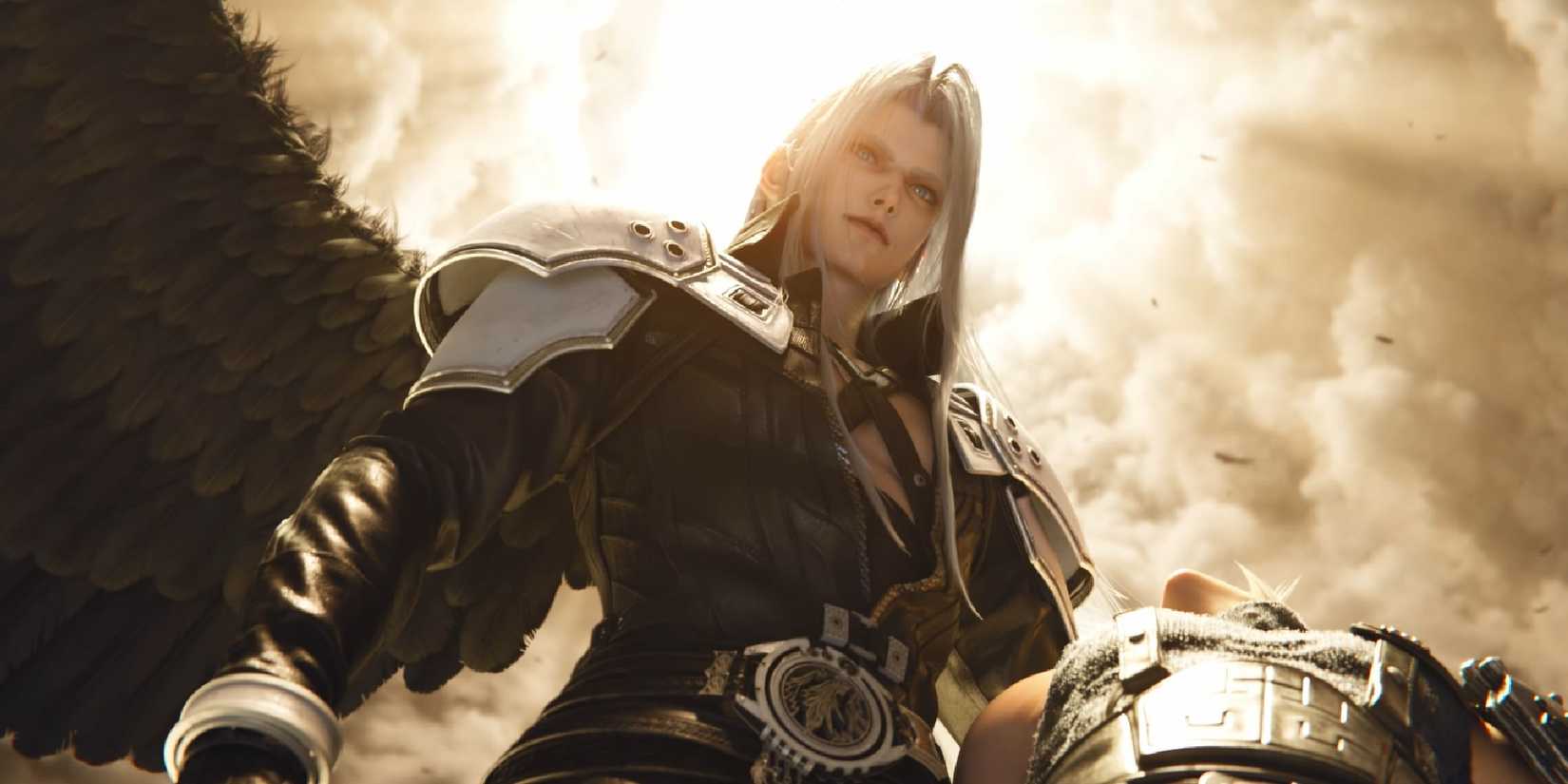 Final Fantasy 7 Revelation Sephiroth view from below with light streaming through clouds above