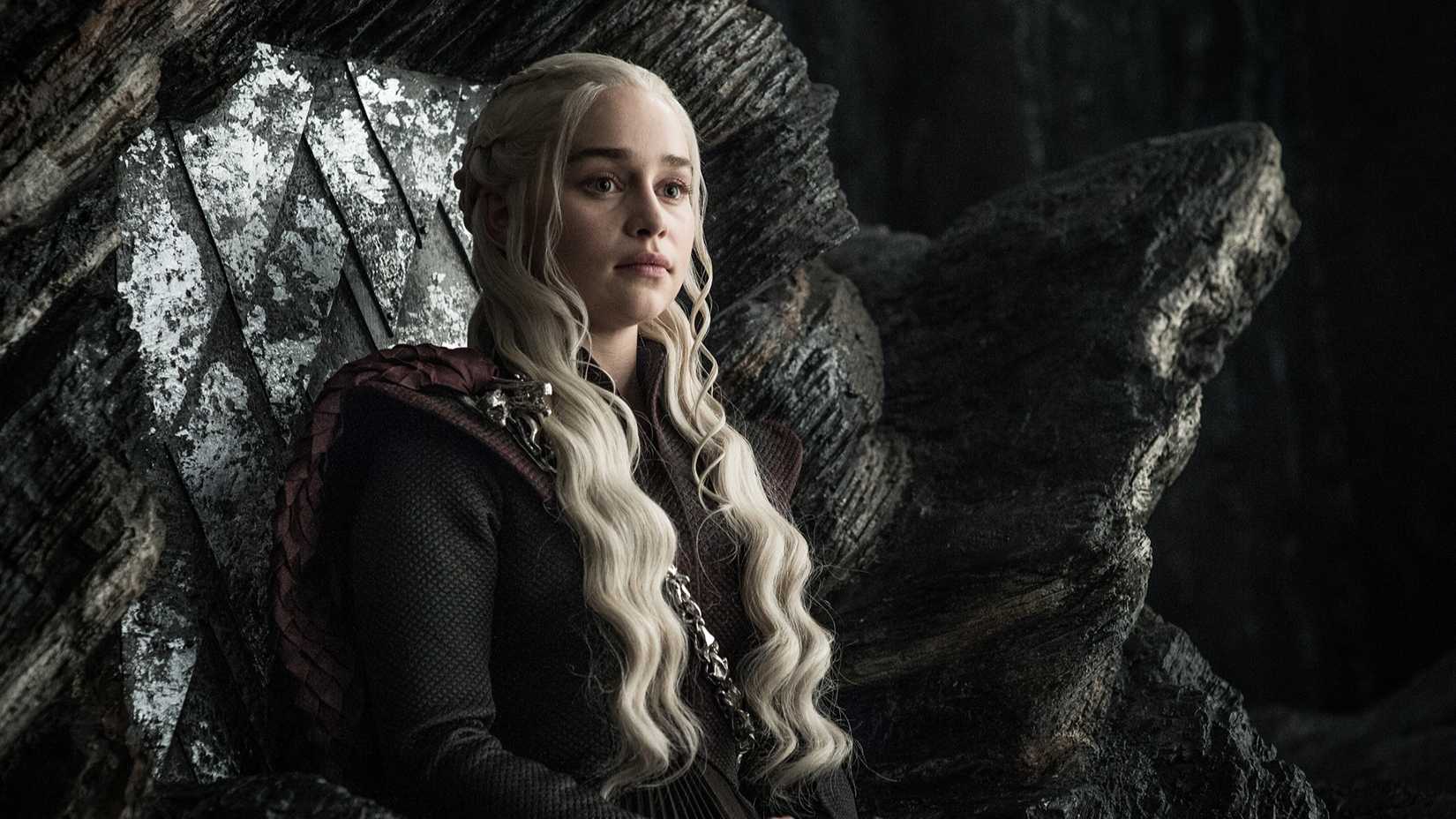Daenerys Targaryen sitting on the throne at Dragonstone in Game of Thrones