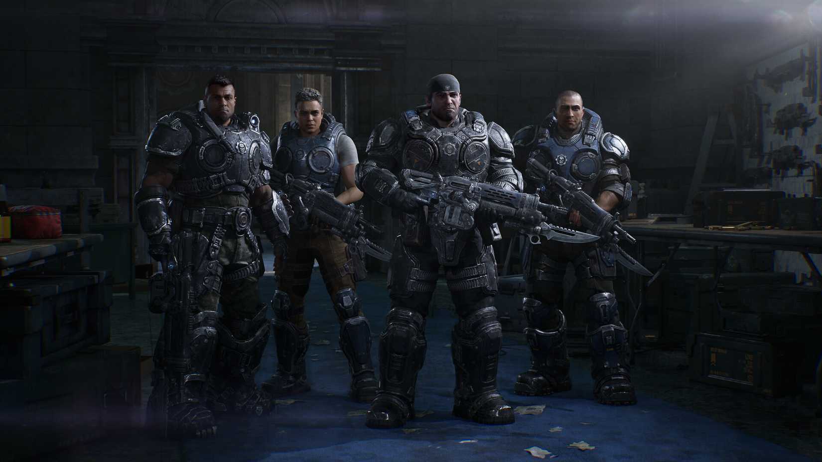 Bravo Squad standing shoulder-to-shoulder in Gears of War: E-Day.