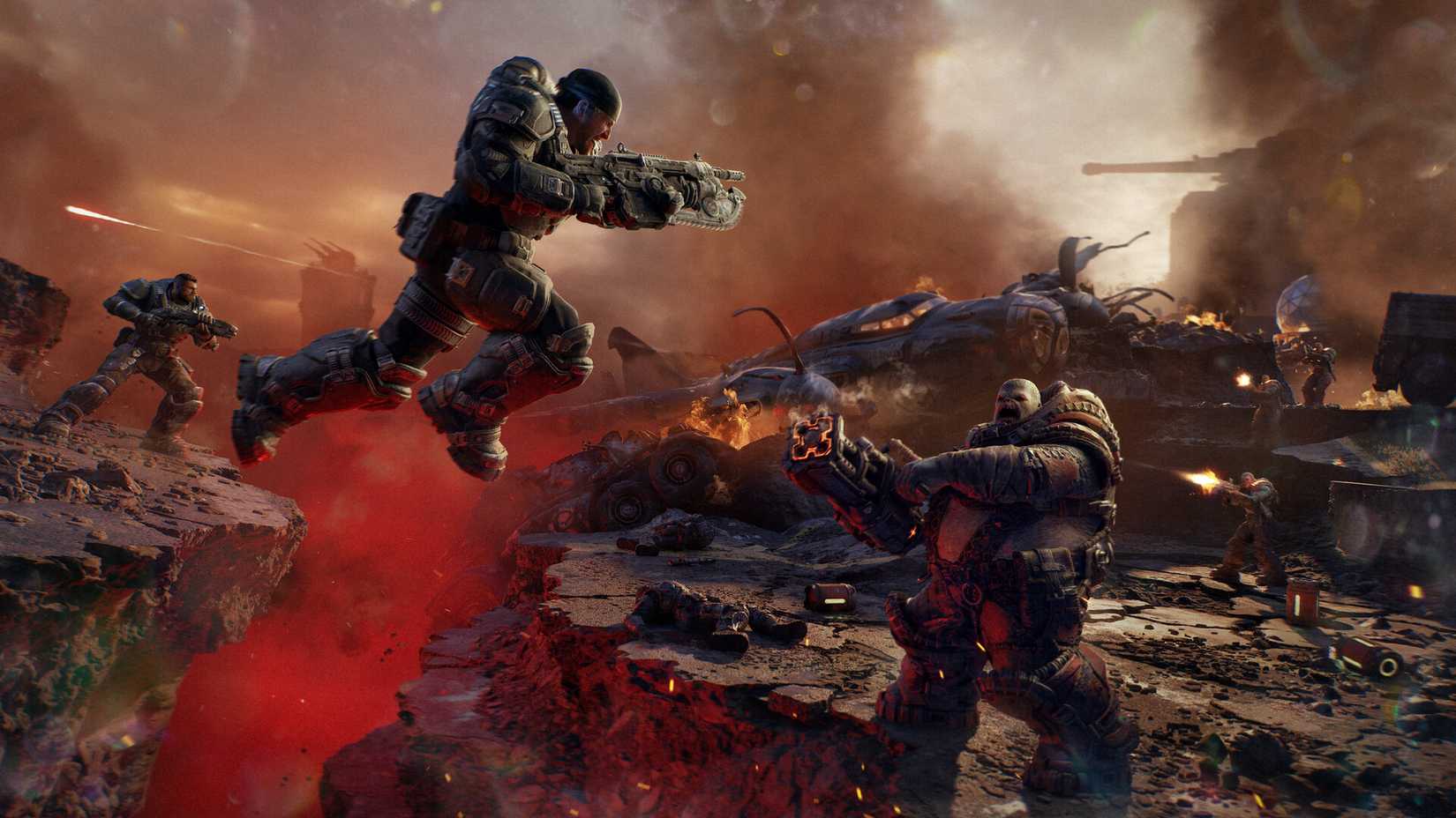 Marcus Fenix leaping over a gap toward a Locust Boomer in Gears of War: E-Day.