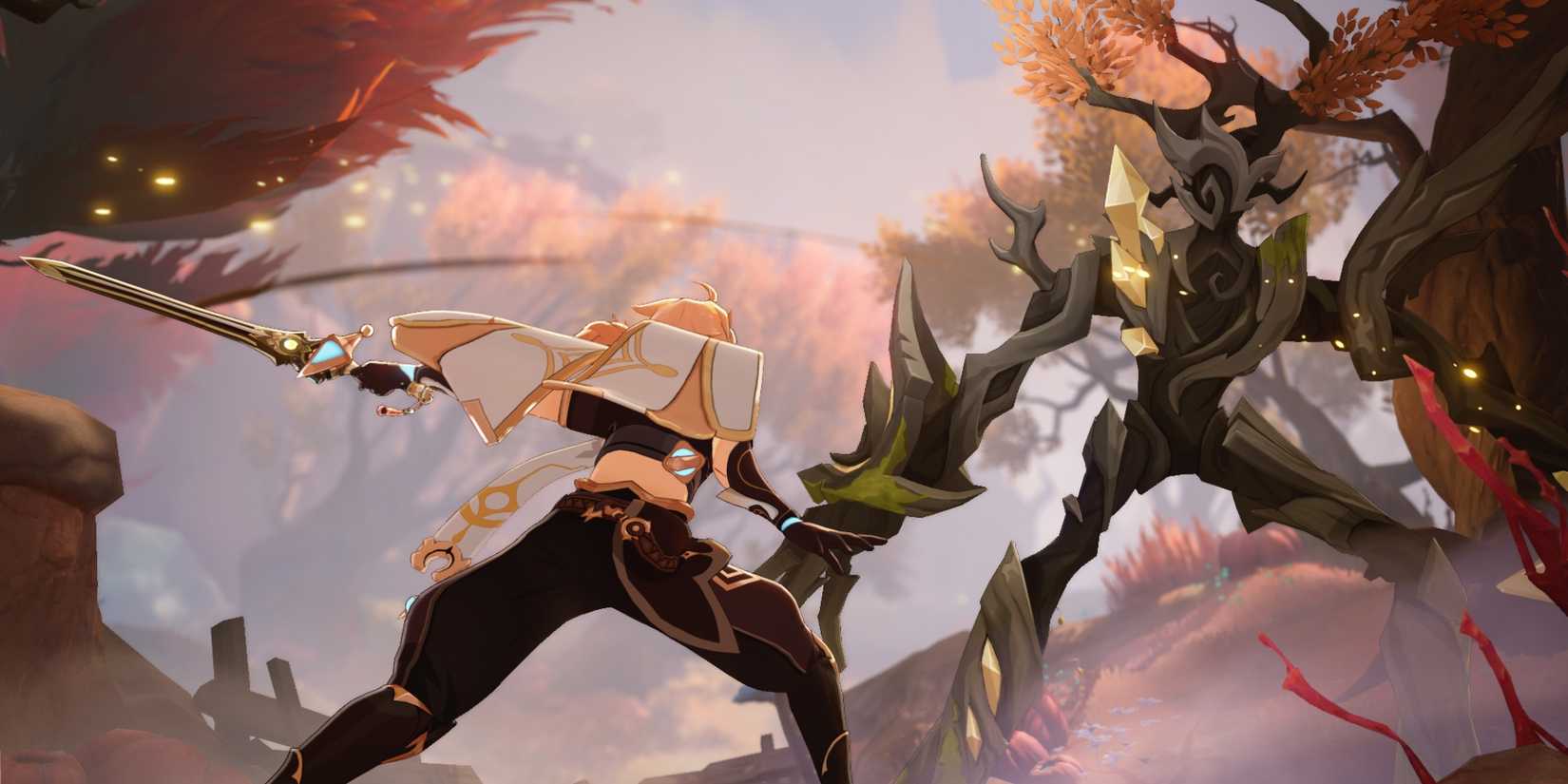 The Cryo Traveler battles a tree enemy in Snezhnaya in Genshin Impact.