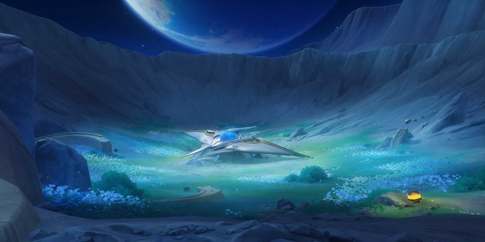 The Traveler Spaceship's on the Frost Moon in Genshin Impact.