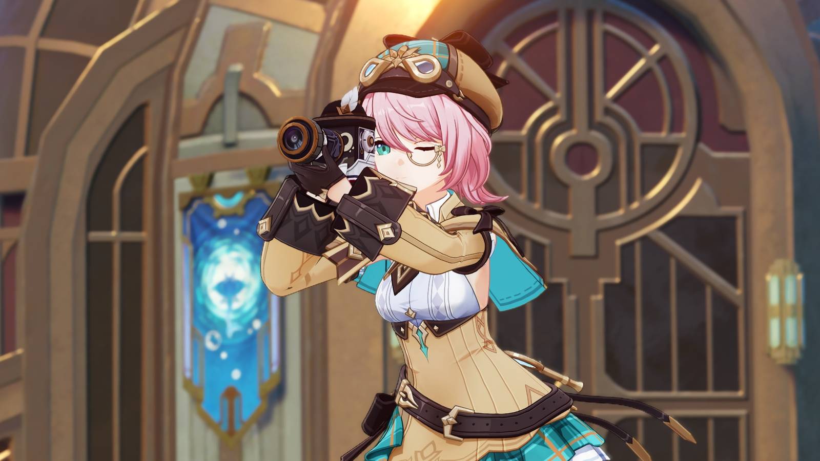 Charlotte takes a photo in Fontaine, in Genshin Impact.