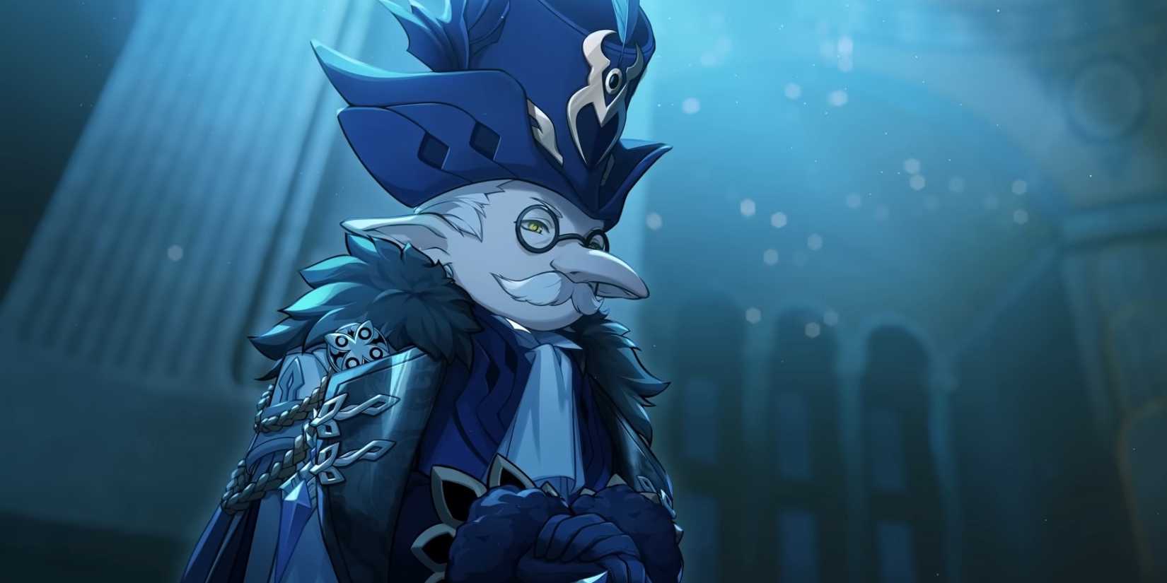 The original design for Pulcinella in Genshin Impact shows the character in a dark blue room.