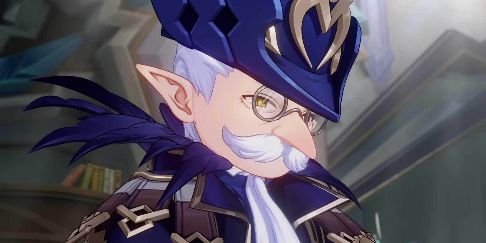 Genshin Impact's Pulcinella looks down inside a courtroom.