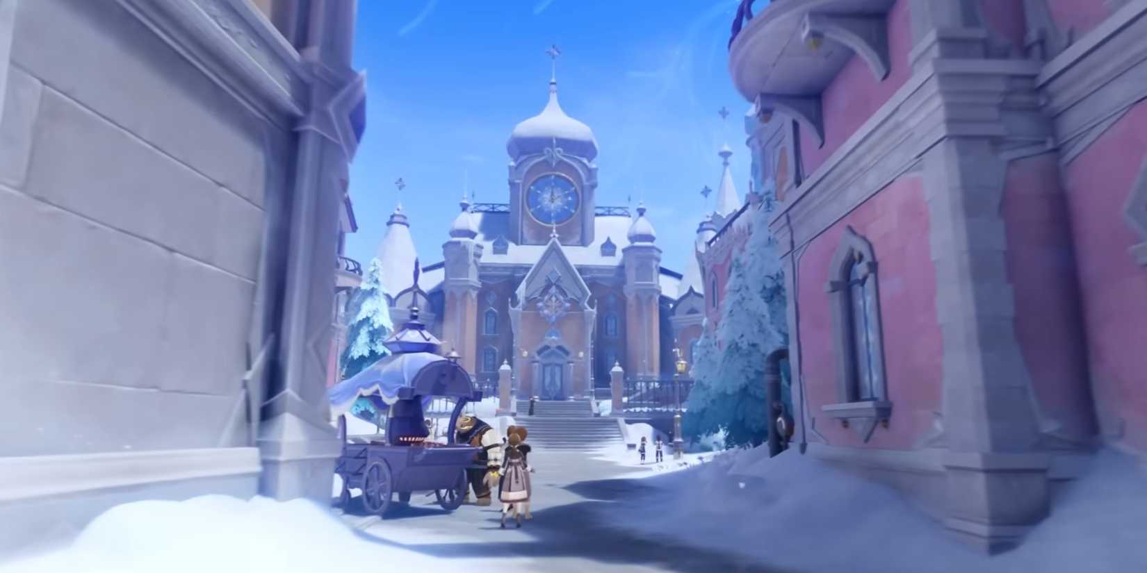 A bear NPC attends humanoid NPCs in Snezhnaya in Genshin Impact.