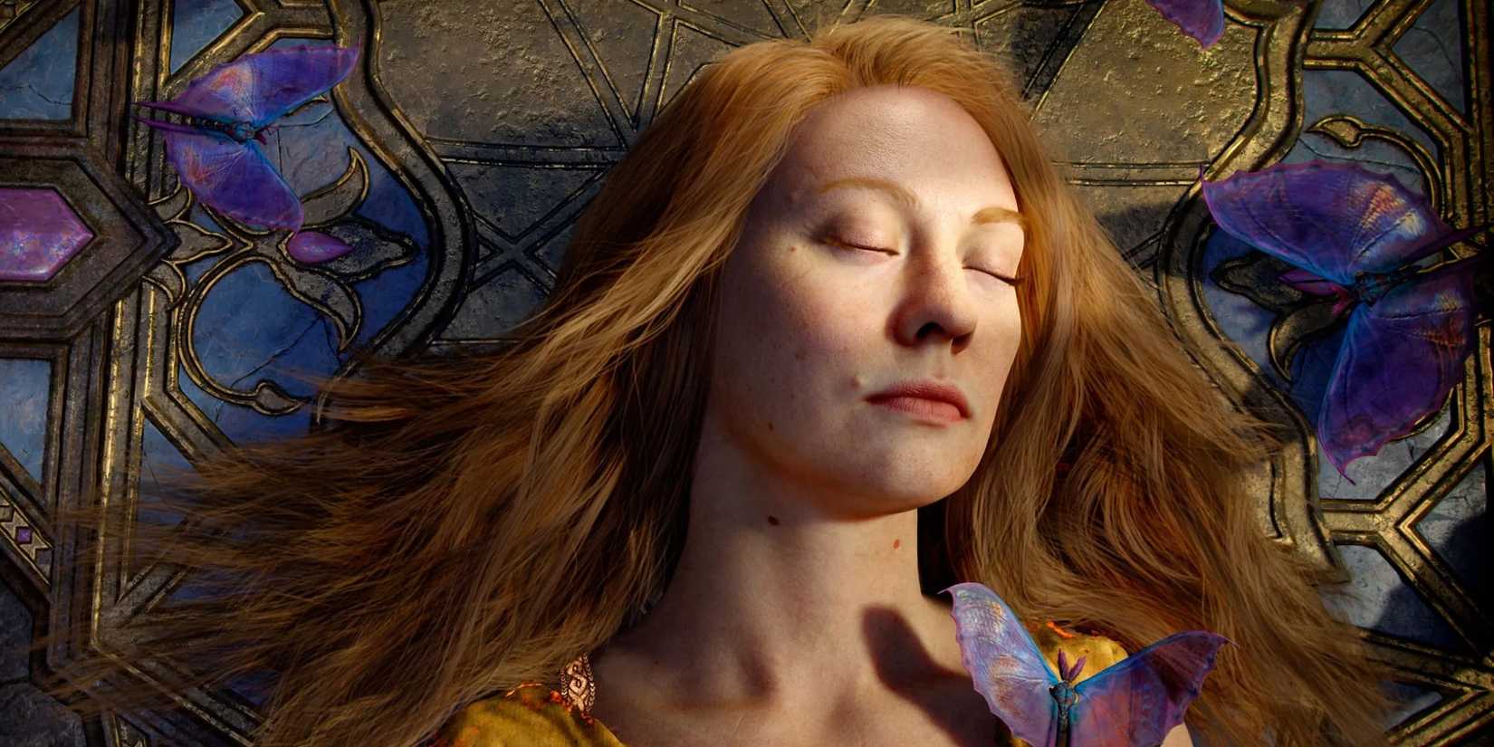 God of War Laufey laying with her eyes closed