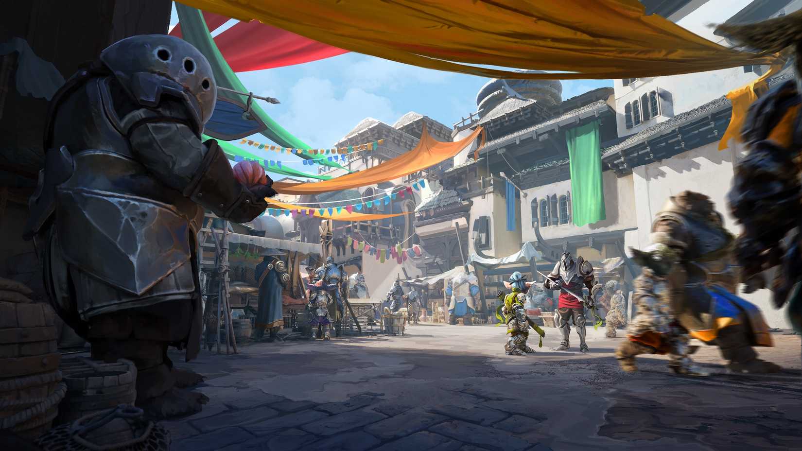 אמנות קונספט של Guild Wars 3 מציגה דמויות שונות בשוק פנטזיה מימי הביניים.