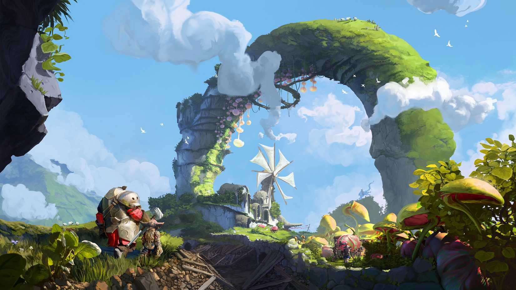 Guild Wars 3 concept art showing characters looking at a fantasy farm, which is situated under a huge stone arch covered in vines and other foliage.