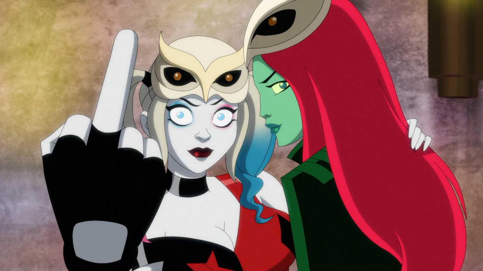 Harley flips off the camera while holding Ivy in HBO's Harley Quinn episode "A Thief, A Mole, An Orgy"