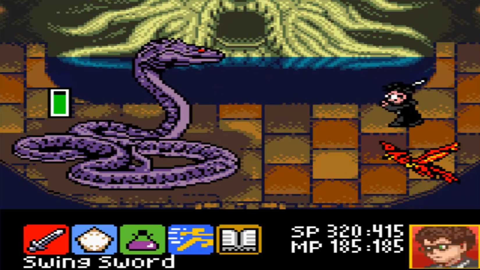 Gameplay from the Game Boy Color version of Harry Potter and the Chamber of Secrets showing Harry and Fawkes fighting the Basilisk.