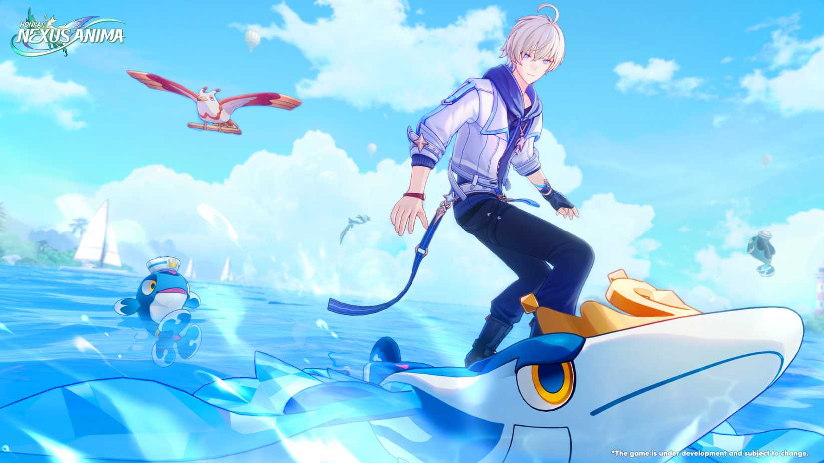 A character riding a water Anima in Honkai: Nexus Anima.