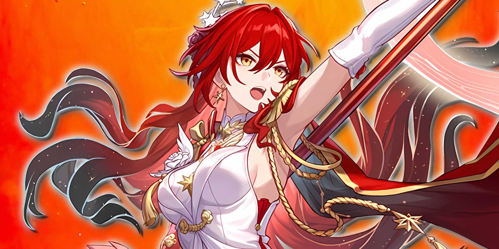 Himeko Nova looks fierce as she points her lance upward.