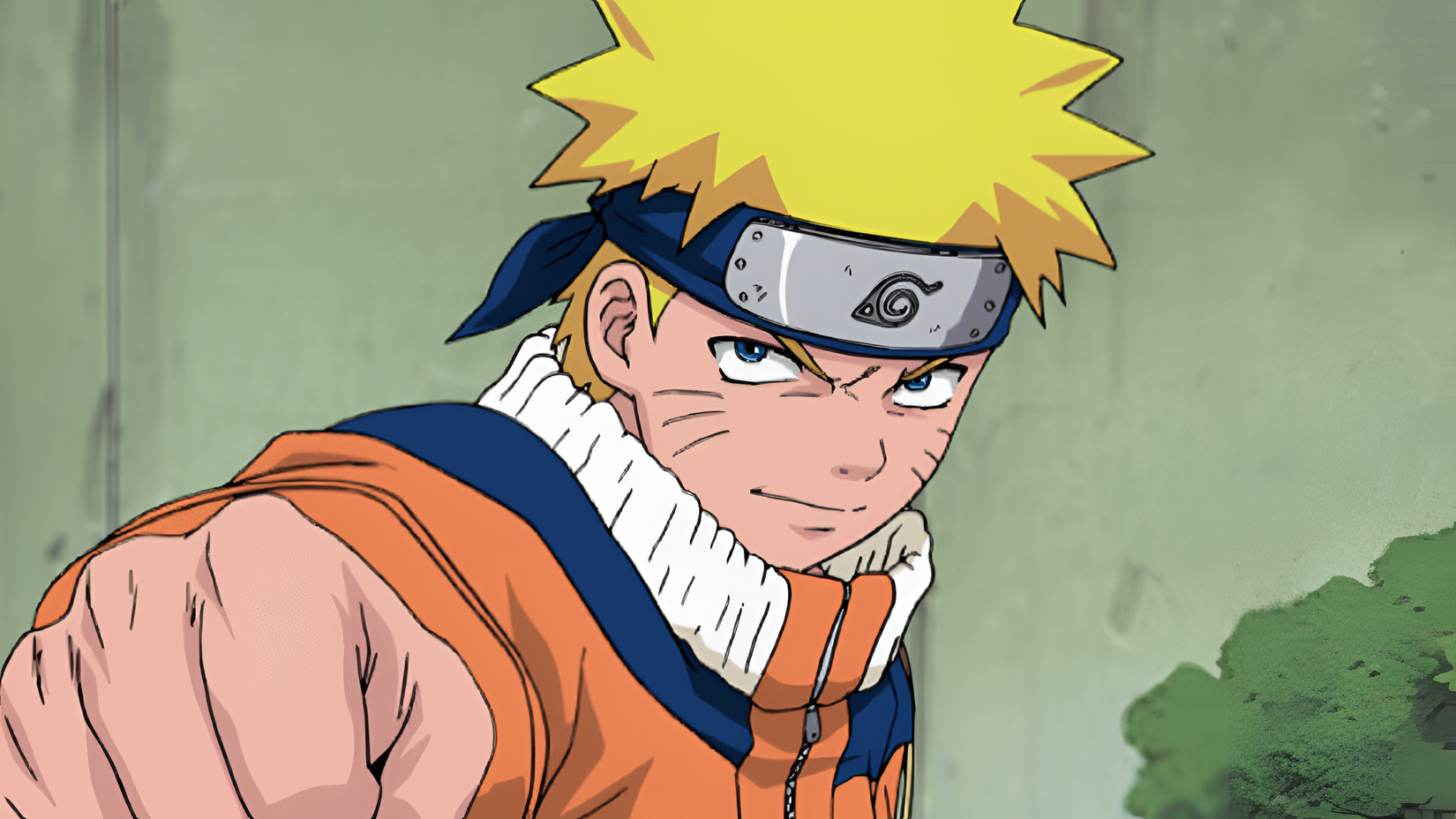 Naruto Uzumaki fist bumping with a stern look on his face in Naruto anime