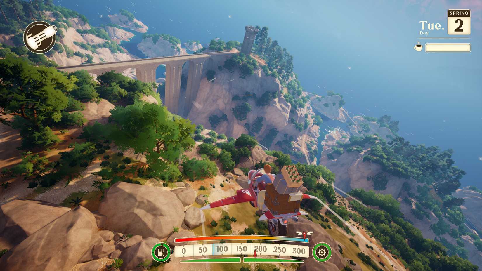 Into the Wind character riding a plane through a beautiful landscape