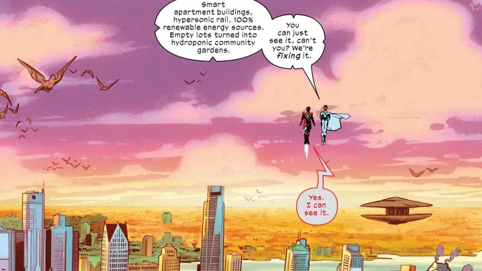 iron lad and vision look out over detroit in ultimate universe finale