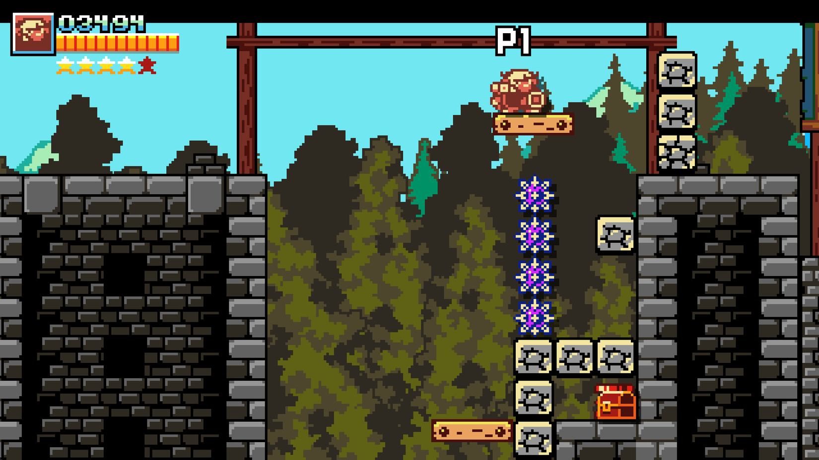 Ironbeard rides a moving platform above some bricks and a treasure chest in the Goblin Village level of Dark Scrolls