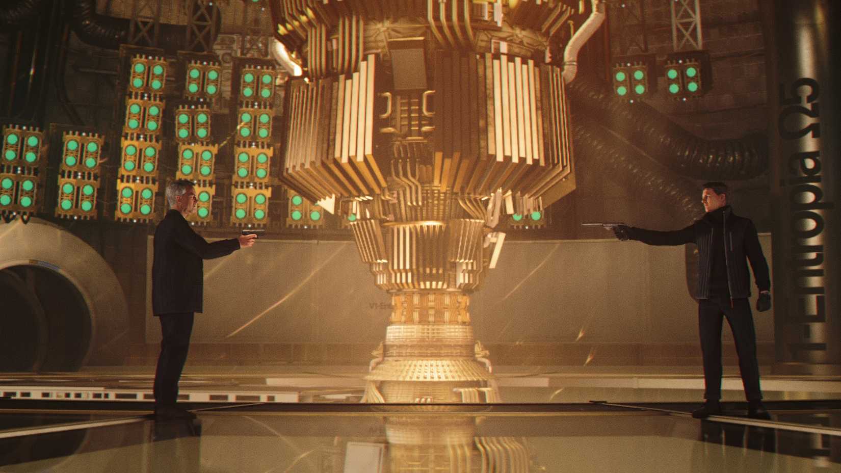 James Bond and Nicholas Webb in front of a quantum supercomputer in 007 First Light