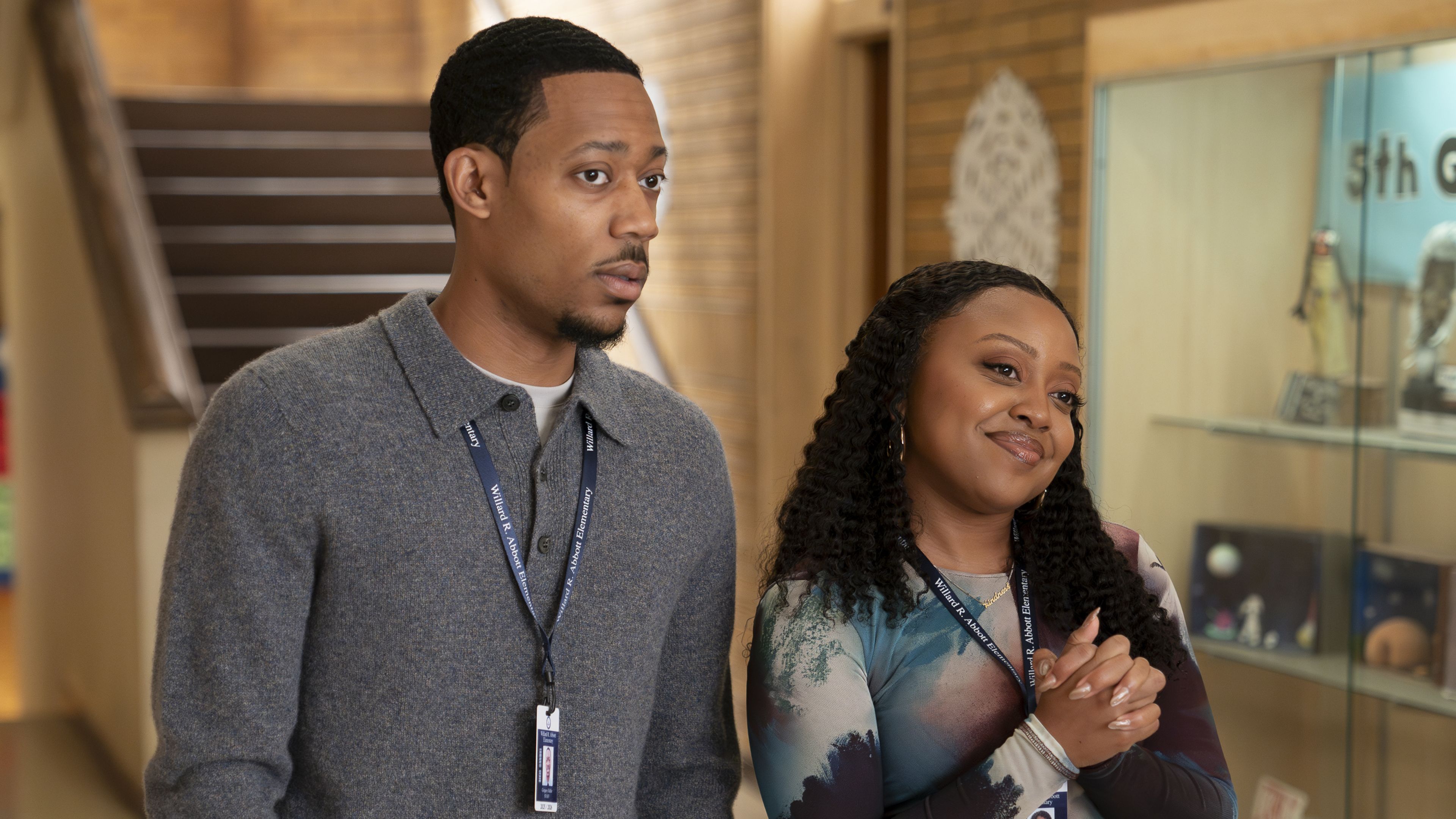 Janine smiling with Gregory in a scene from Abbott Elementary season 5, episode 7