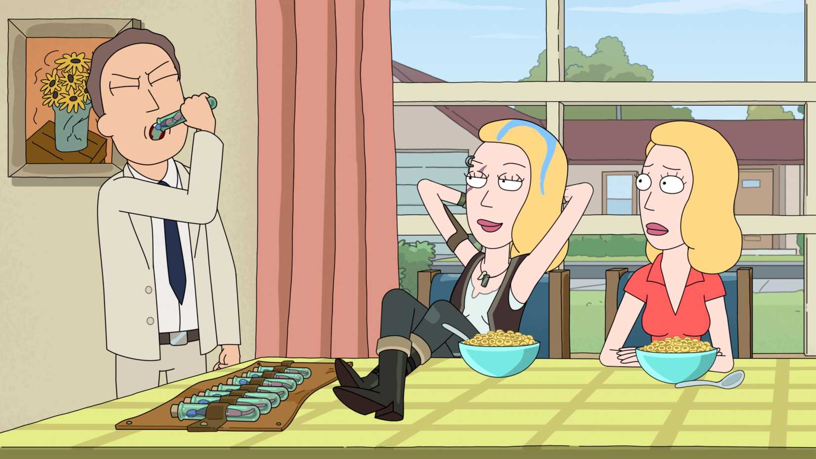 Jerry taking the worry worms while Space Beth leans back casually, and Beth looks concerned in Rick and Morty season 9