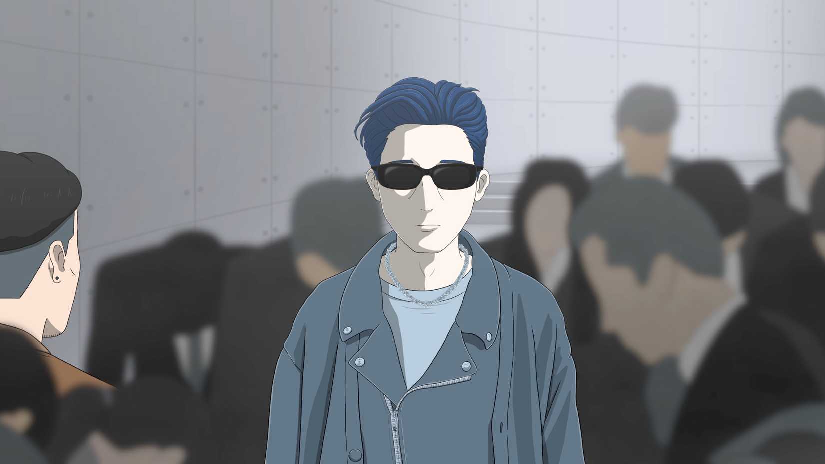 Jinsei's protagonist standing out among a crowd of bowing people