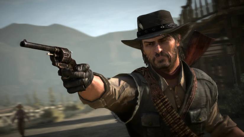 ג'ון מרסטון מחזיק את אקדח האקשן הכפול ב-Red Dead Redemption